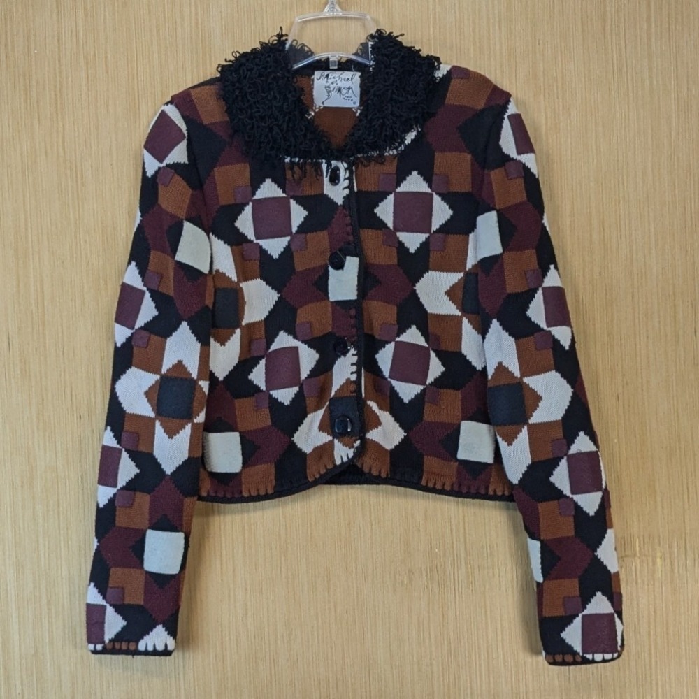 Vintage 1996 Michael Simon Artsy Retro Geometric Knit Cardigan Brown Women Large